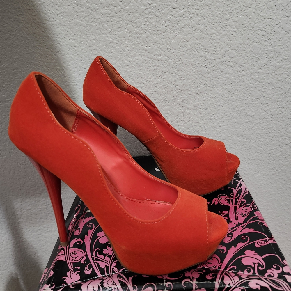 Qupid Vibrant Orange Peep-Toe Heels ( Softy Worn) Not Brand New